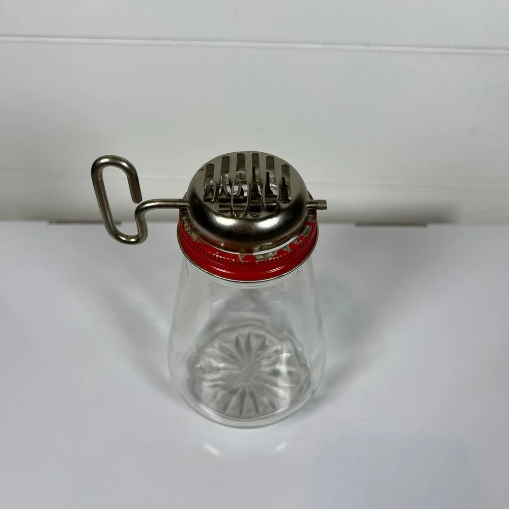Vintage Glass Powdered Sugar Shaker Red Metal Lid Mechanical Sifter Retro